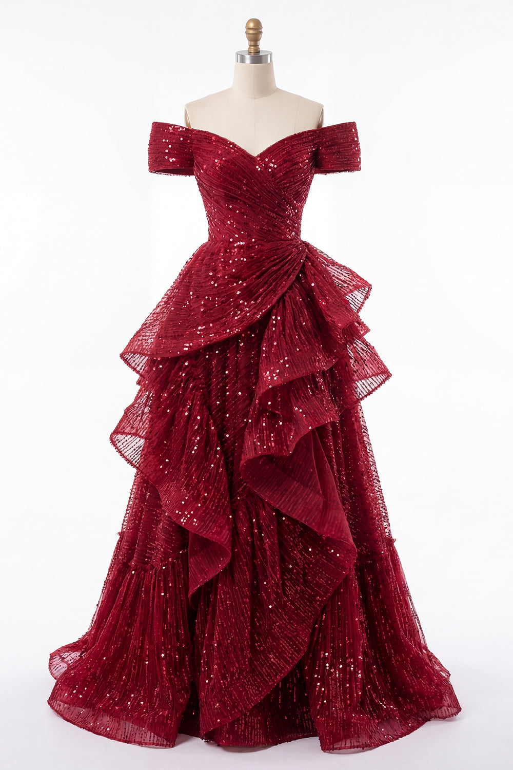 Burgundy Ruffled A Line Off the Shoulder Long Prom Dress