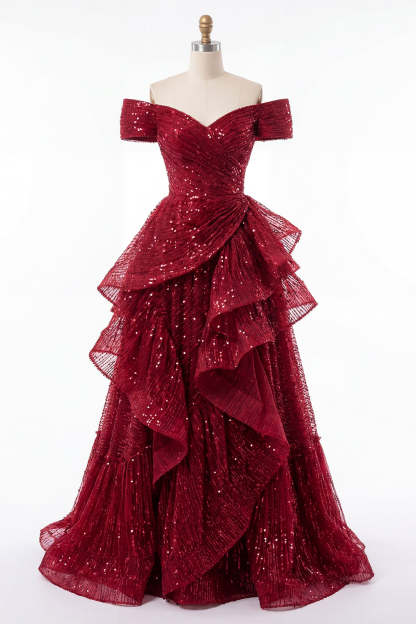 Burgundy Ruffled A Line Off the Shoulder Long Prom Dress