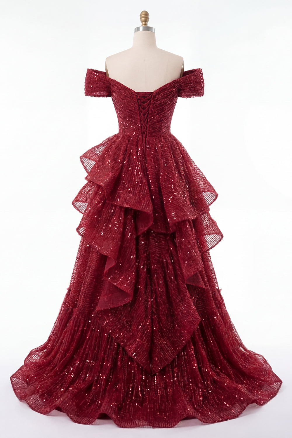 Burgundy Ruffled A Line Off the Shoulder Long Prom Dress
