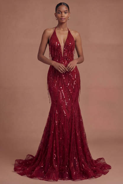Leely Women Halter Neck Burgundy Mermaid Sparkly Long Prom Dress Backless Sleeveless Evening Dress