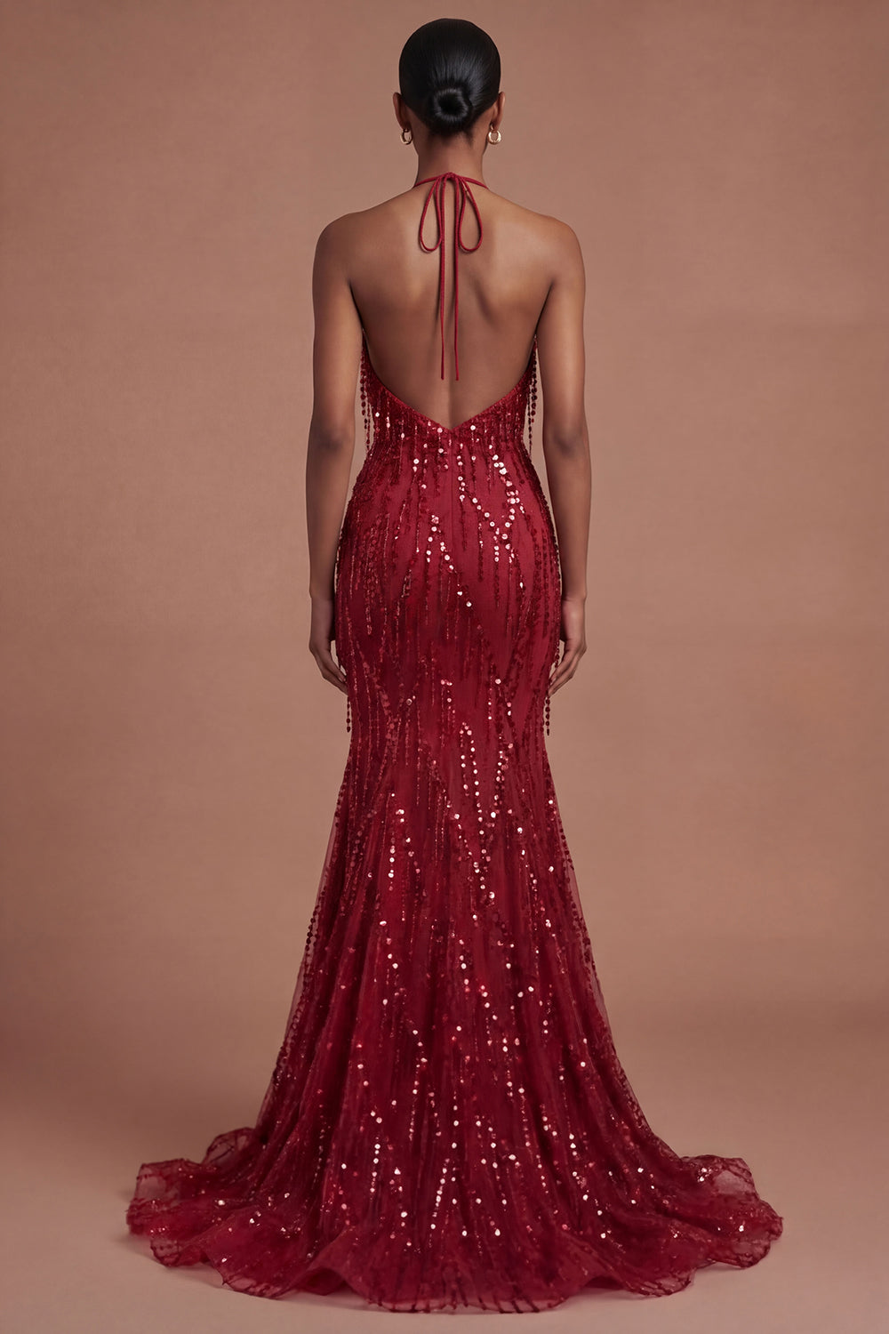 Halter Neck Burgundy Mermaid Sparkly Long Prom Dress