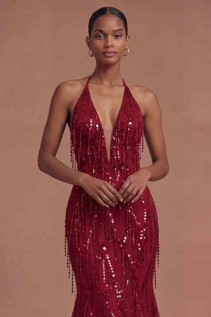 Halter Neck Burgundy Mermaid Sparkly Long Prom Dress