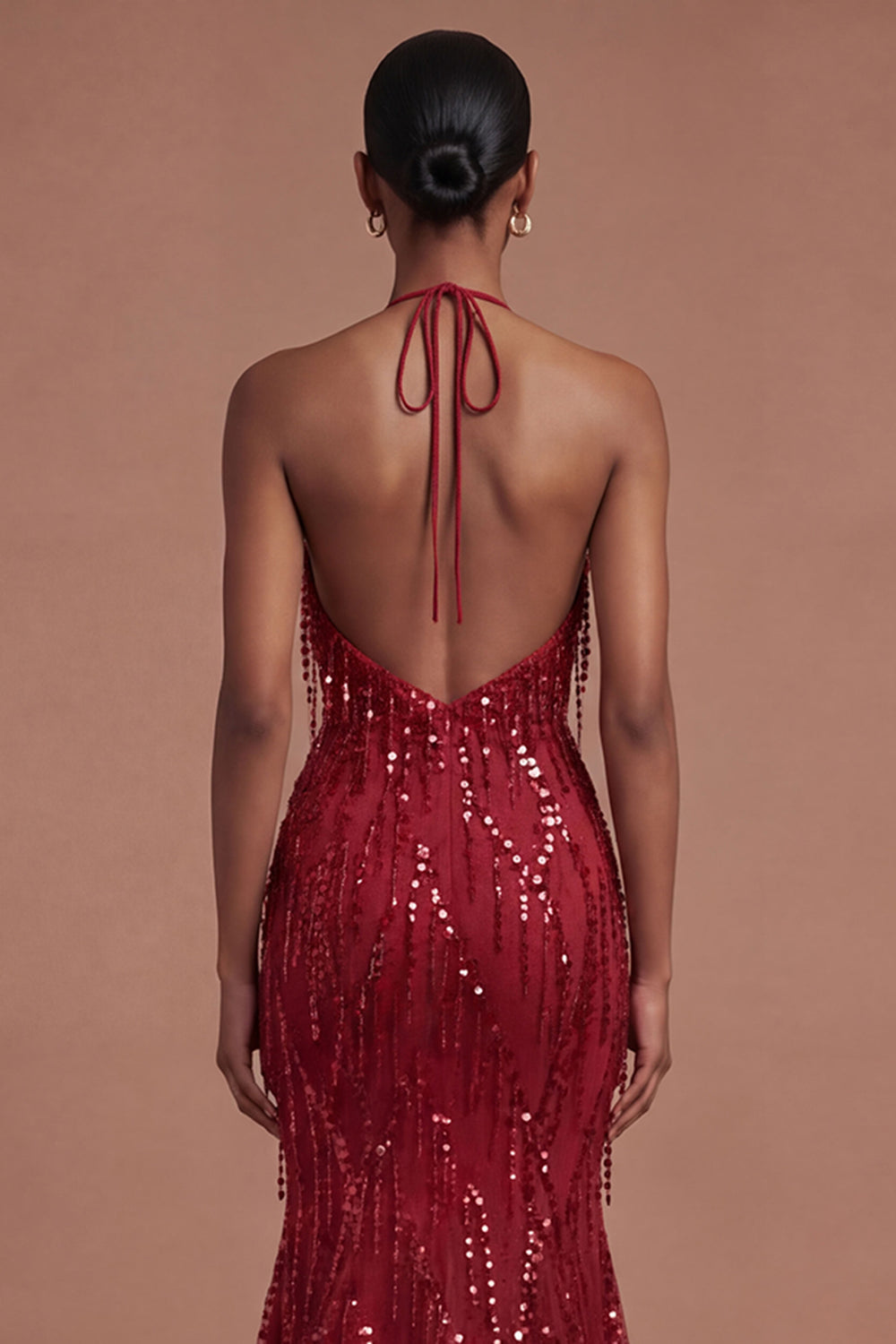 Halter Neck Burgundy Mermaid Sparkly Long Prom Dress