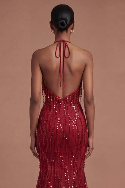 Halter Neck Burgundy Mermaid Sparkly Long Prom Dress