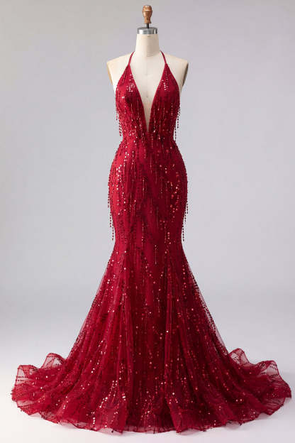 Halter Neck Burgundy Mermaid Sparkly Long Prom Dress