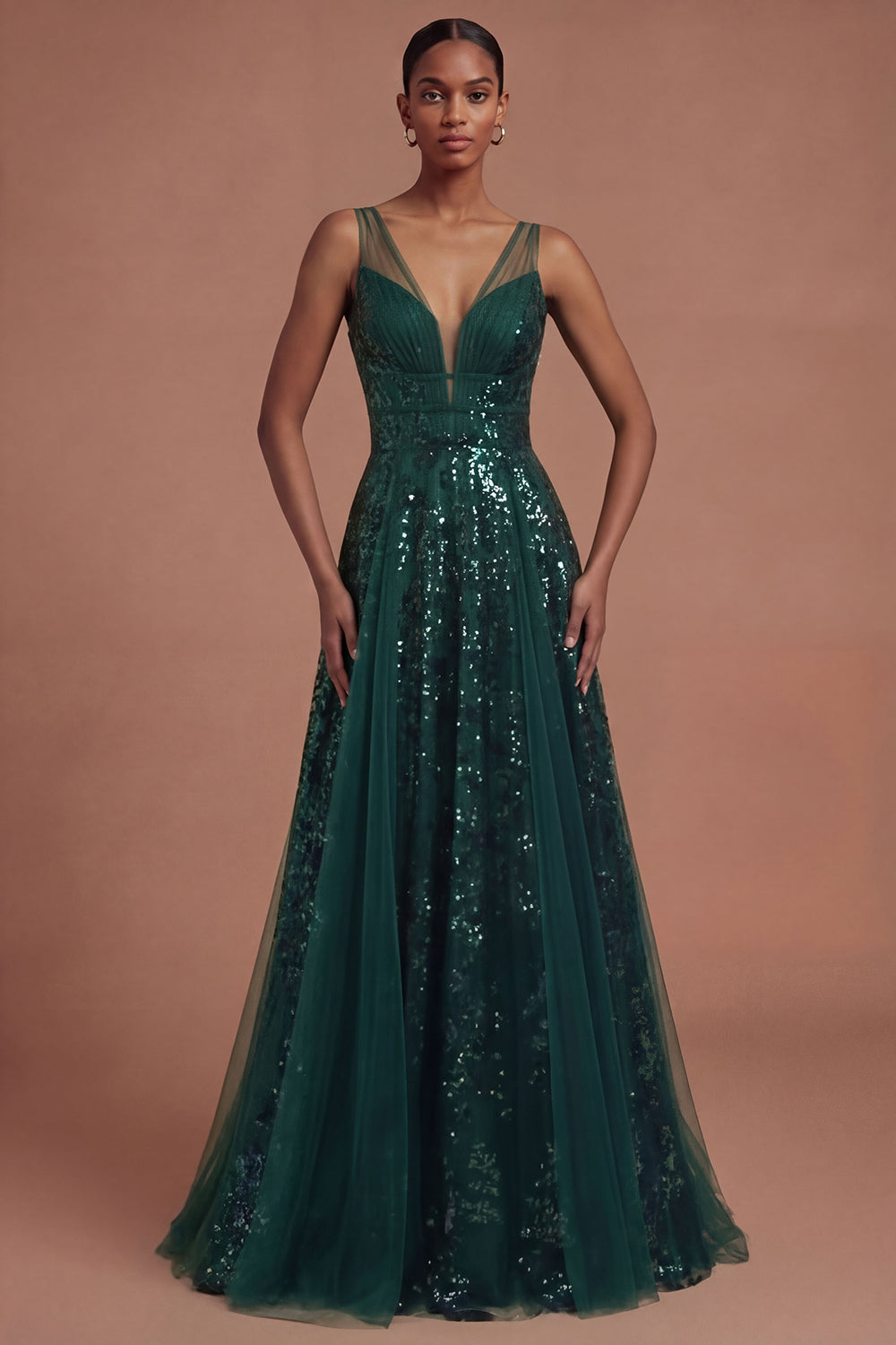 Leely Women Dark Green V Neck A Line Sparkly Sequined Long Prom Dress Backless Sleeveless Gala Dress