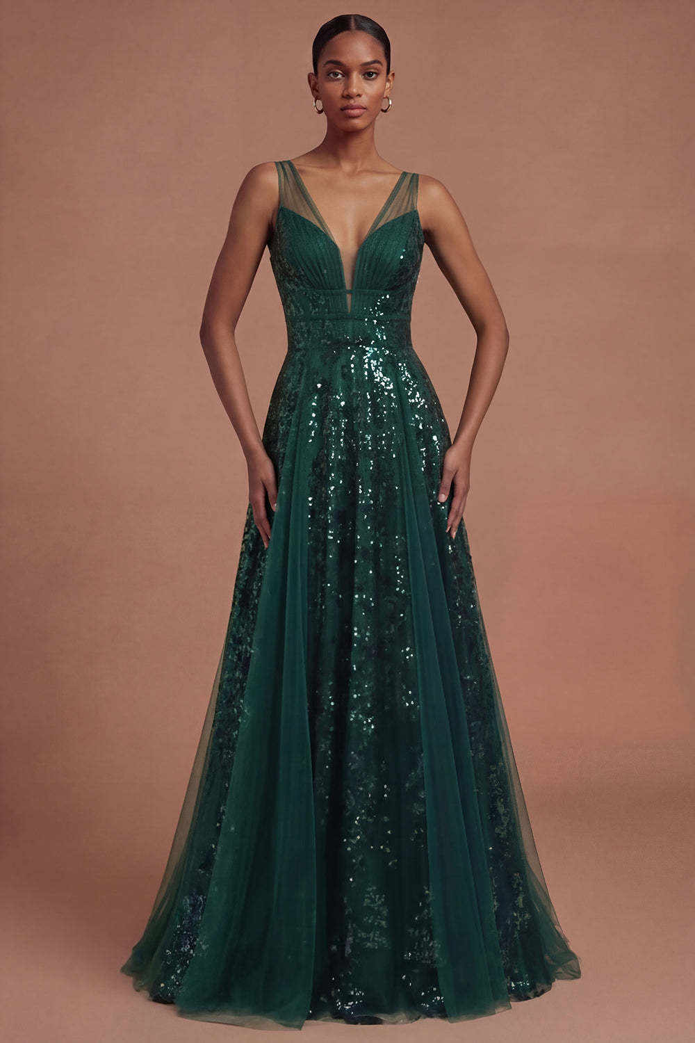 Leely Women Dark Green V Neck A Line Sparkly Sequined Long Prom Dress Backless Sleeveless Gala Dress