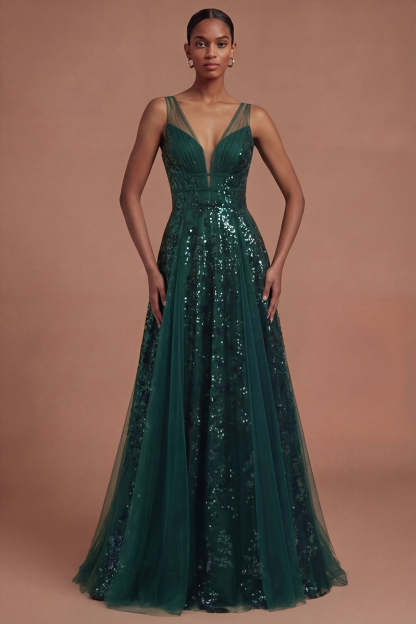Leely Women Dark Green V Neck A Line Sparkly Sequined Long Prom Dress Backless Sleeveless Gala Dress