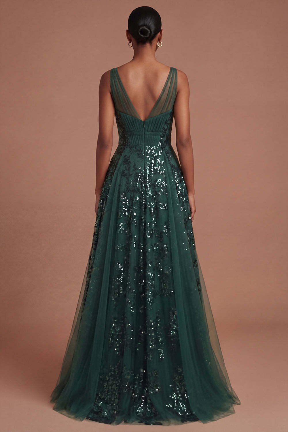 Dark Green V Neck A Line Sparkly Sequined Long Prom Dress
