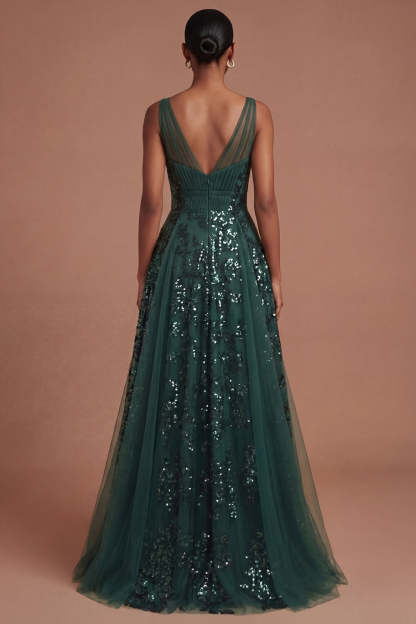 Dark Green V Neck A Line Sparkly Sequined Long Prom Dress