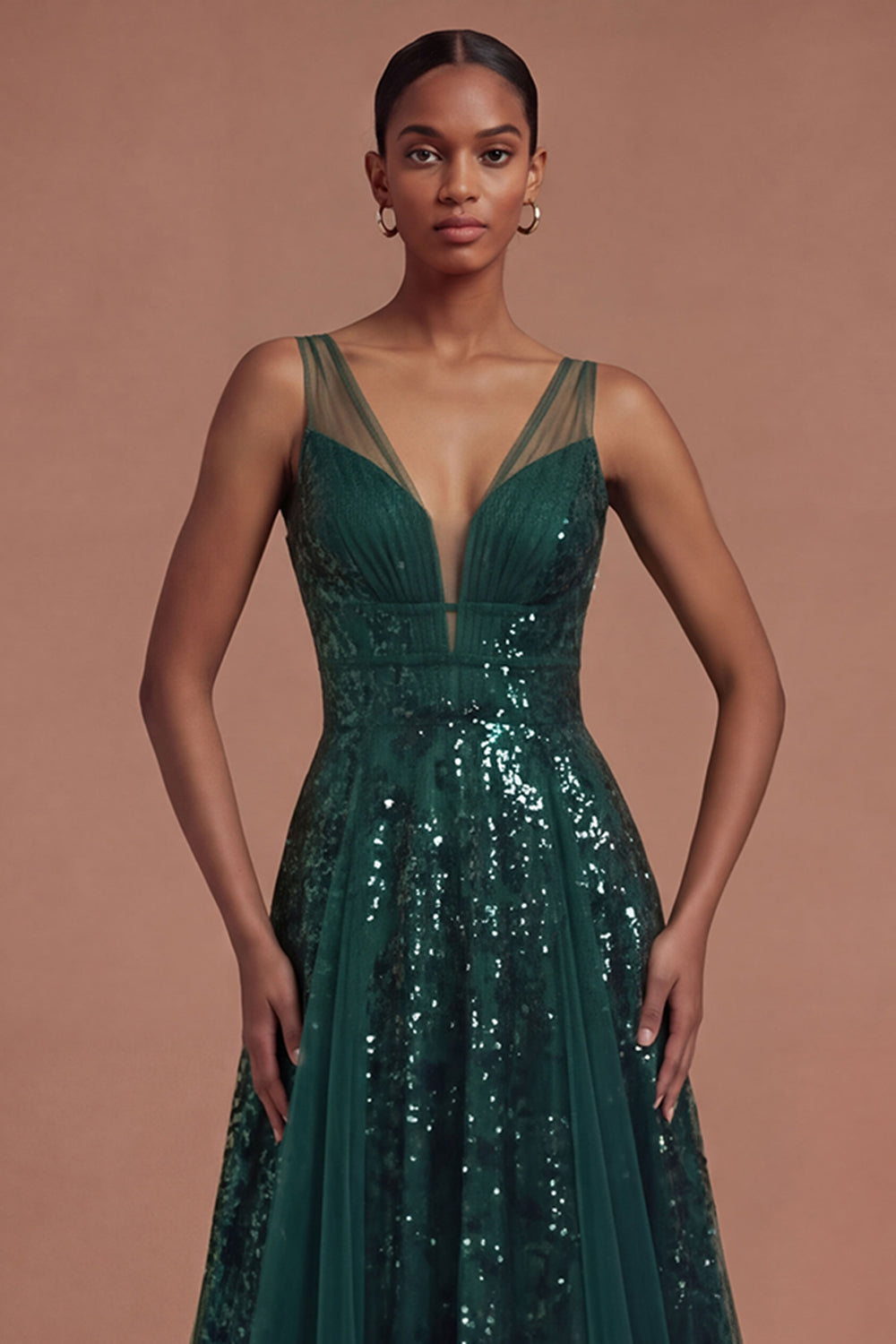 Dark Green V Neck A Line Sparkly Sequined Long Prom Dress