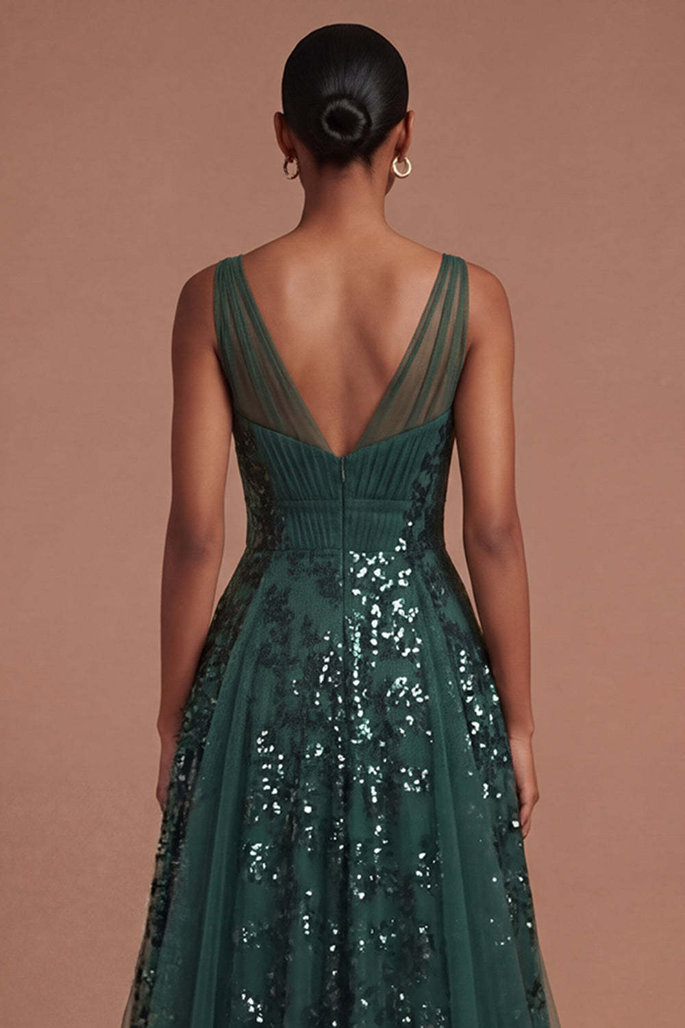 Dark Green V Neck A Line Sparkly Sequined Long Prom Dress