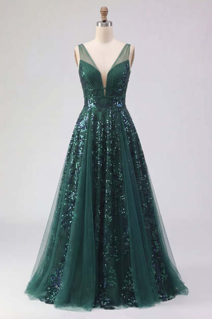 Dark Green V Neck A Line Sparkly Sequined Long Prom Dress