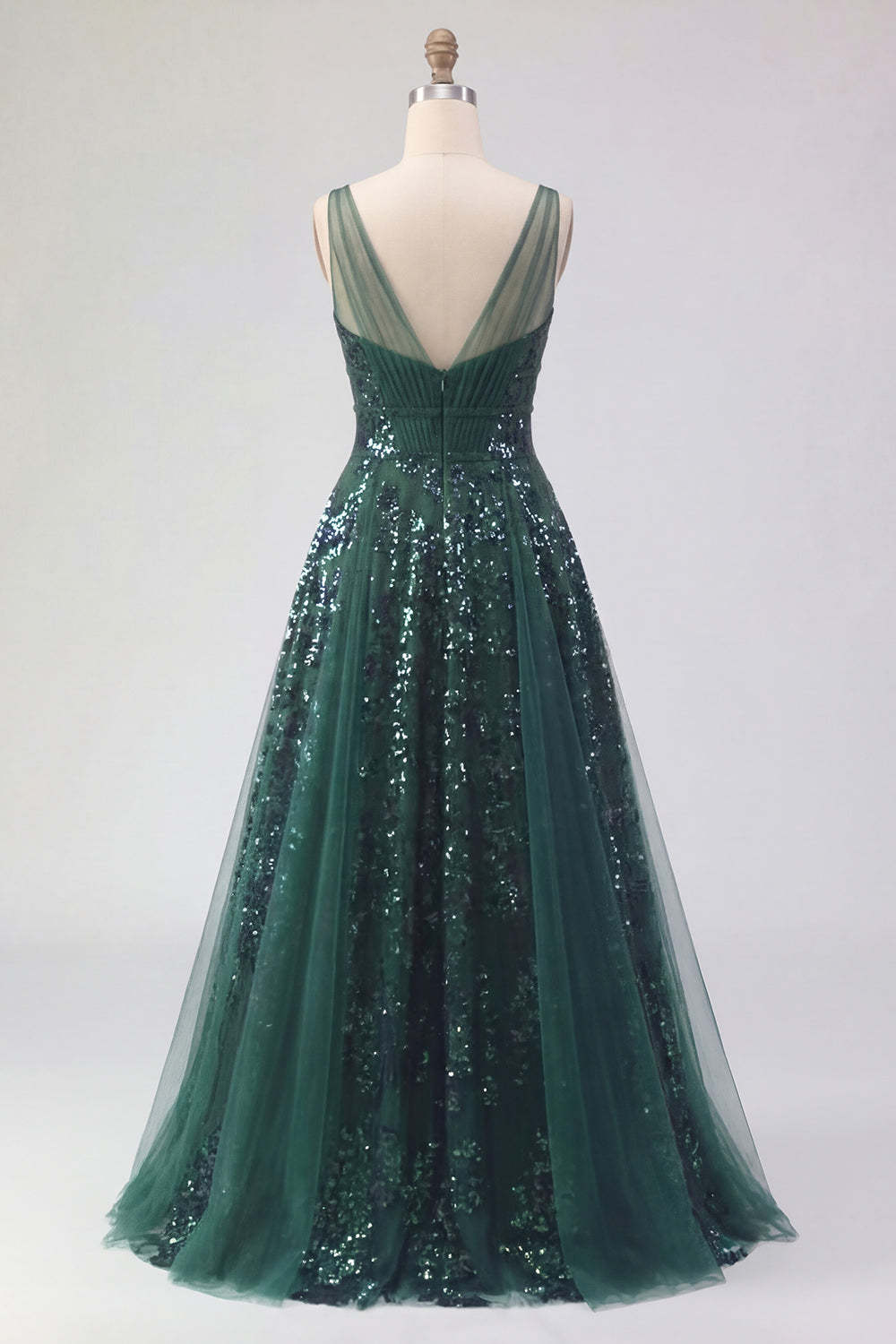 Dark Green V Neck A Line Sparkly Sequined Long Prom Dress