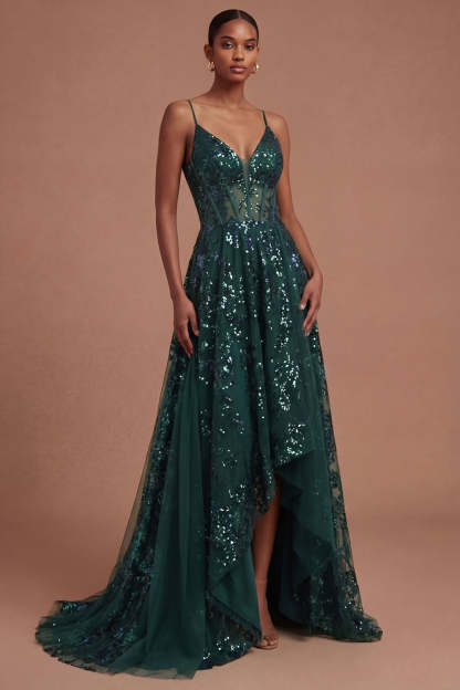 Leely Women Corset Dark Green Spaghetti Straps High Low Prom Dress Sparkly Sequined Backless Sleeveless Gala Dress