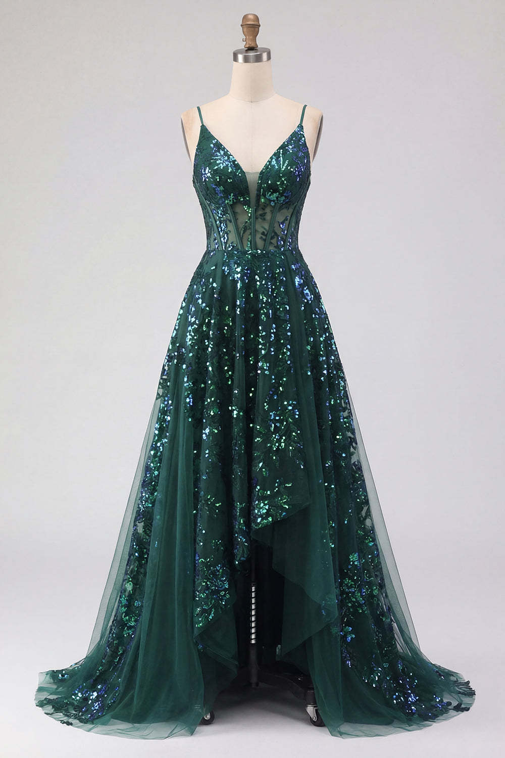 Corset Dark Green Spaghetti Straps High Low Prom Dress