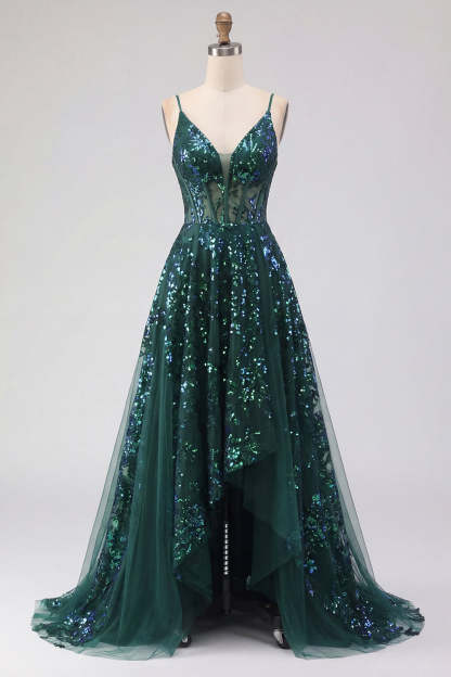 Corset Dark Green Spaghetti Straps High Low Prom Dress
