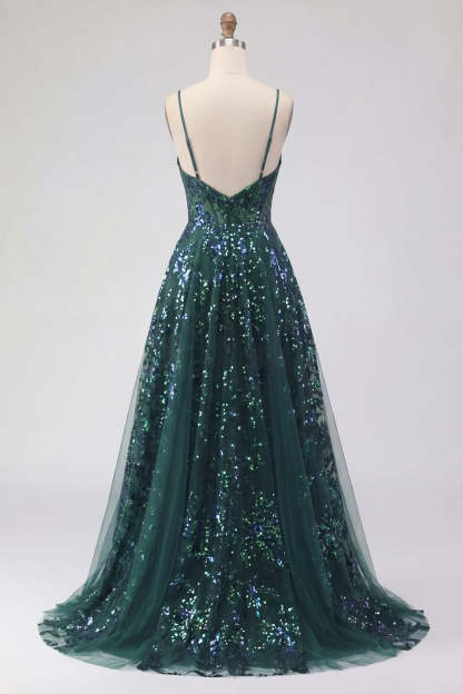 Corset Dark Green Spaghetti Straps High Low Prom Dress