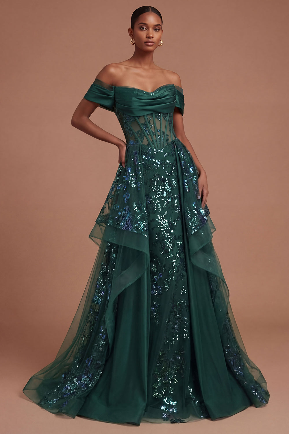 Corset Dark Green Ruffled Off the Shoulder Long Prom Dress