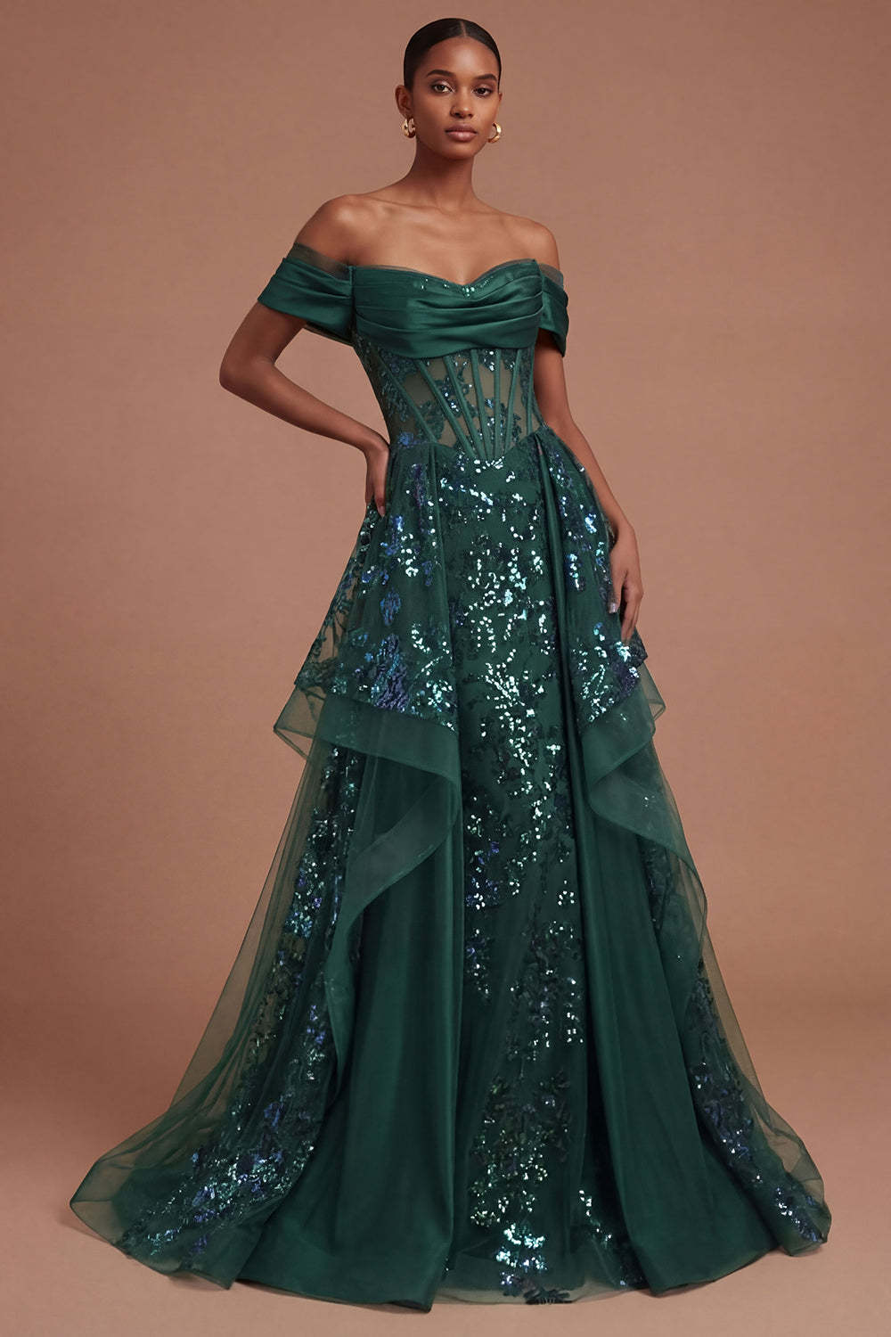 Leely Women Corset Dark Green Ruffled Off the Shoulder Long Prom Dress Backless Sleeveless Gala Dress