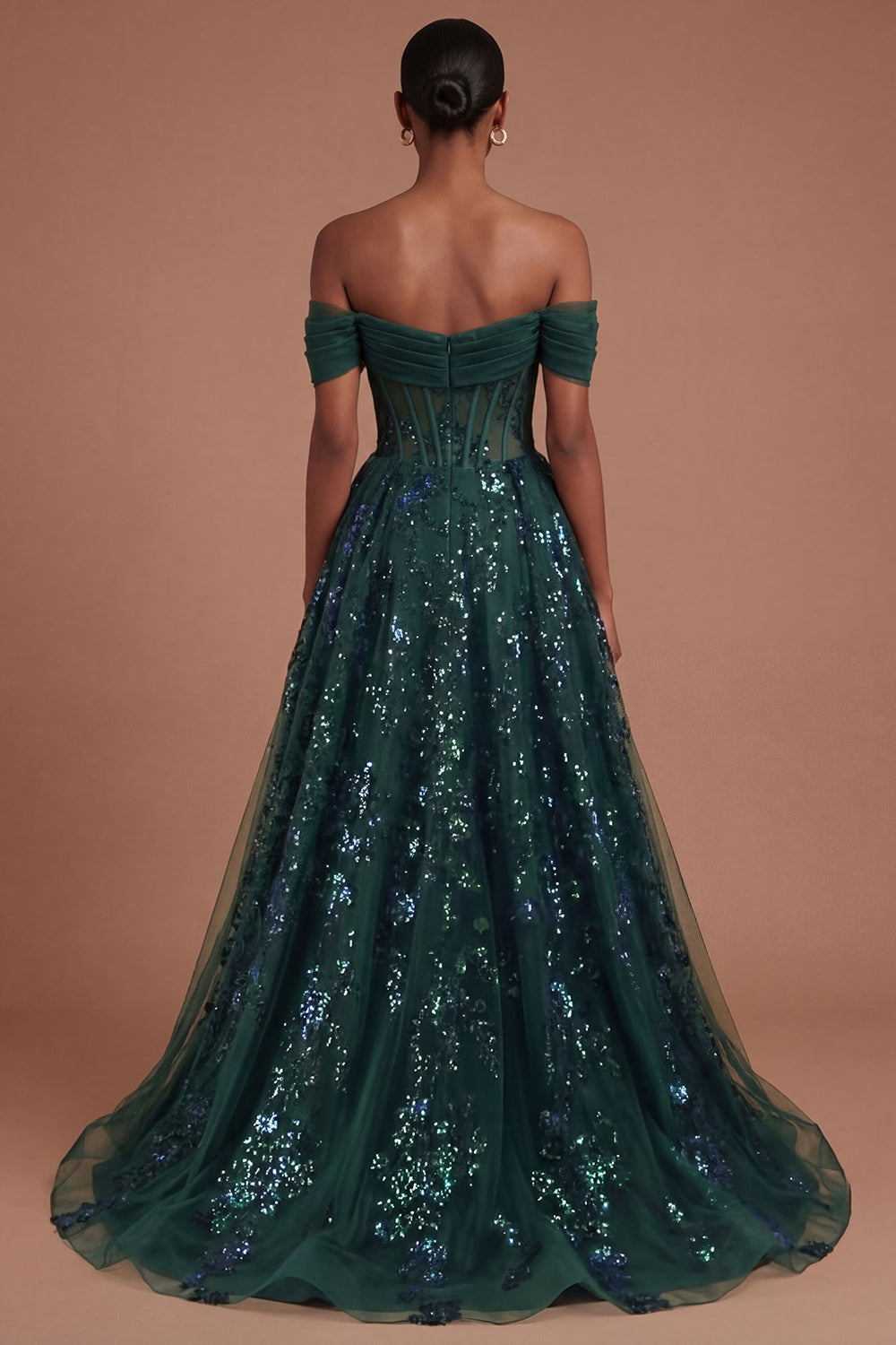 Corset Dark Green Ruffled Off the Shoulder Long Prom Dress