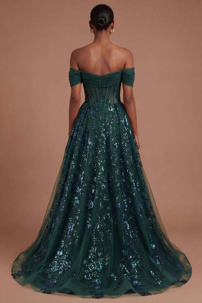 Corset Dark Green Ruffled Off the Shoulder Long Prom Dress