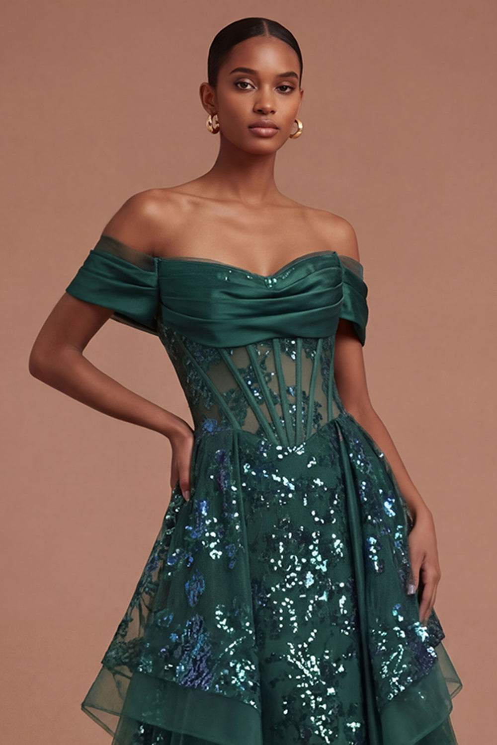 Corset Dark Green Ruffled Off the Shoulder Long Prom Dress