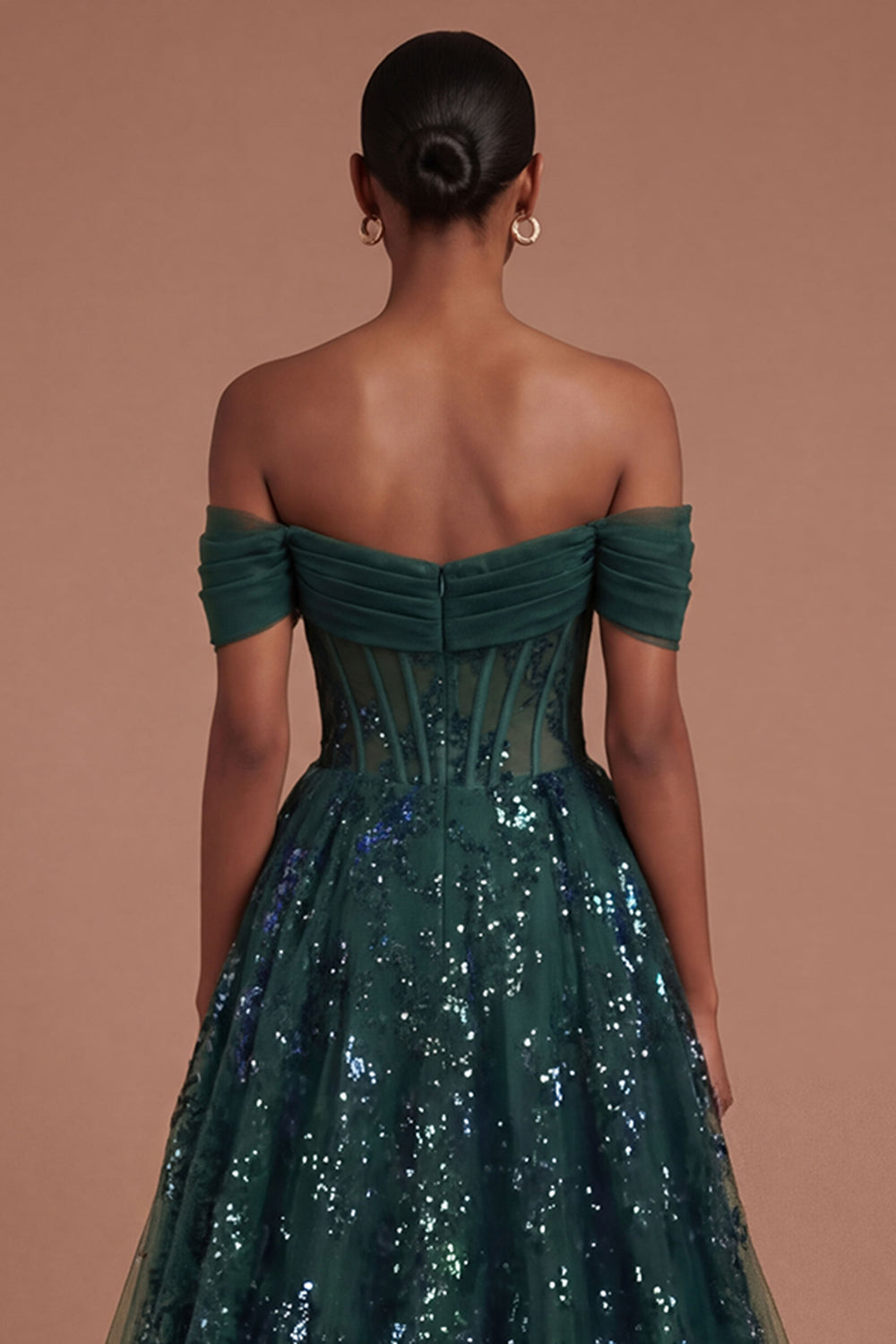 Corset Dark Green Ruffled Off the Shoulder Long Prom Dress