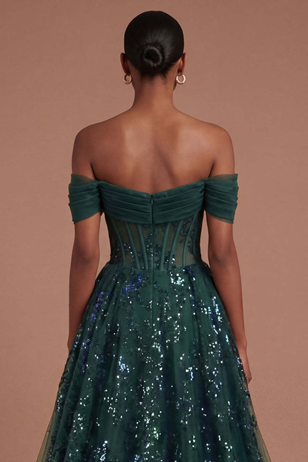 Corset Dark Green Ruffled Off the Shoulder Long Prom Dress
