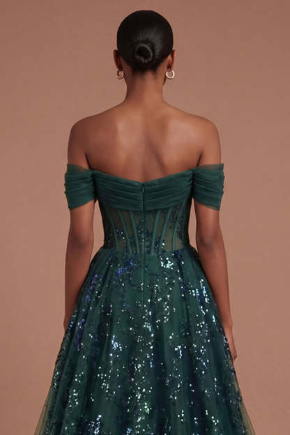 Corset Dark Green Ruffled Off the Shoulder Long Prom Dress