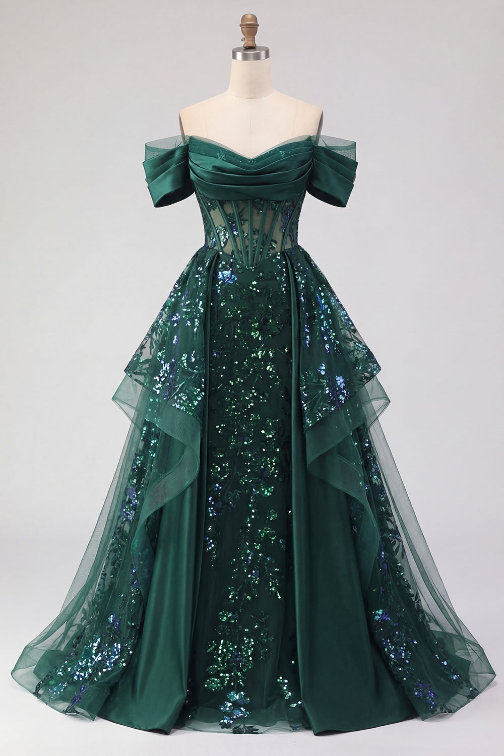 Corset Dark Green Ruffled Off the Shoulder Long Prom Dress