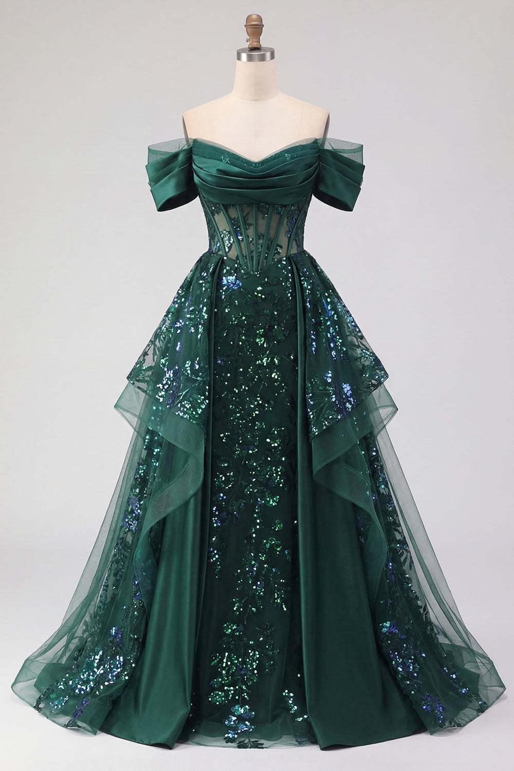 Corset Dark Green Ruffled Off the Shoulder Long Prom Dress