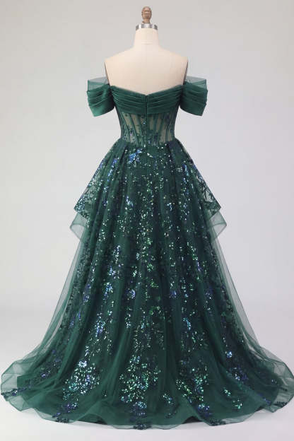 Corset Dark Green Ruffled Off the Shoulder Long Prom Dress