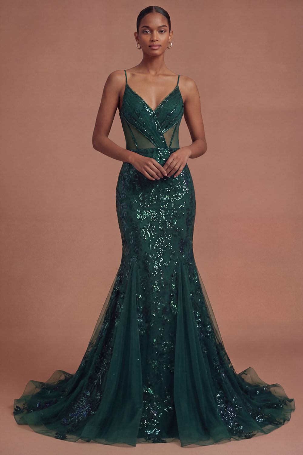 Sparkly Sequined Spaghetti Straps Mermaid Dark Green Long Prom Dress