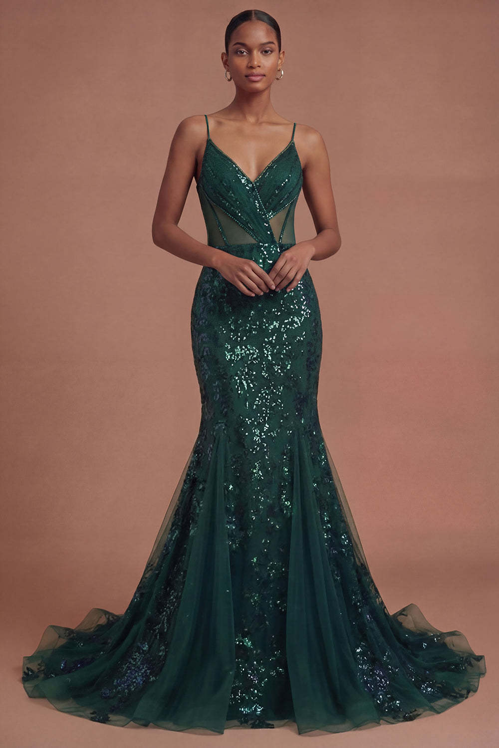 Leely Women Sparkly Sequined Mermaid Dark Green Long Prom Dress Spaghetti Straps Backless Evening Dress