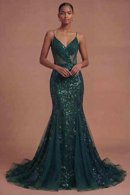 Leely Women Sparkly Sequined Mermaid Dark Green Long Prom Dress Spaghetti Straps Backless Evening Dress