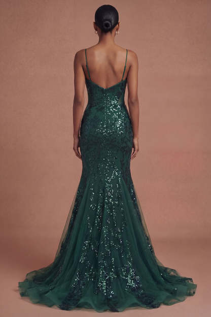 Sparkly Sequined Spaghetti Straps Mermaid Dark Green Long Prom Dress