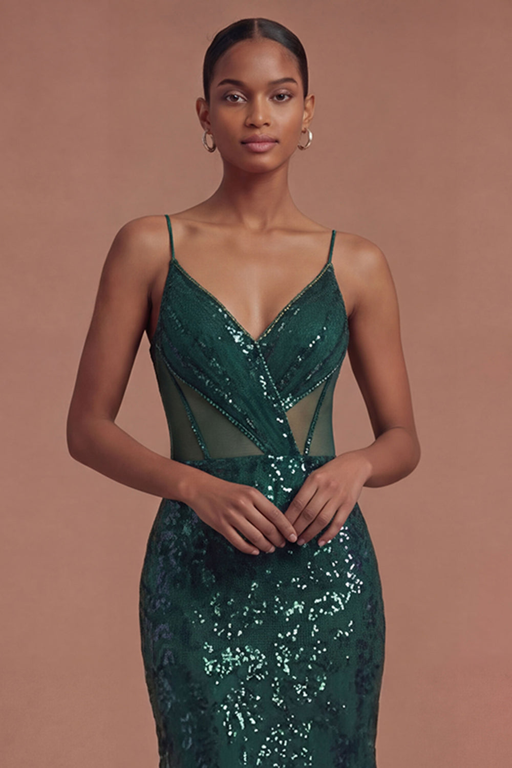 Sparkly Sequined Spaghetti Straps Mermaid Dark Green Long Prom Dress