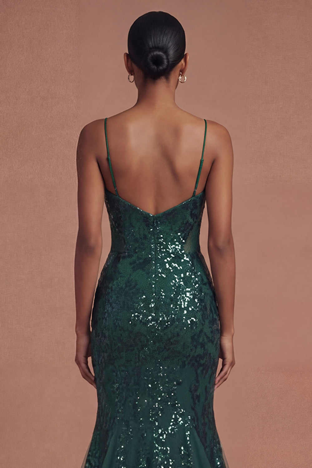 Sparkly Sequined Spaghetti Straps Mermaid Dark Green Long Prom Dress
