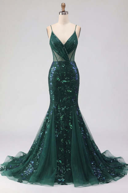 Sparkly Sequined Spaghetti Straps Mermaid Dark Green Long Prom Dress