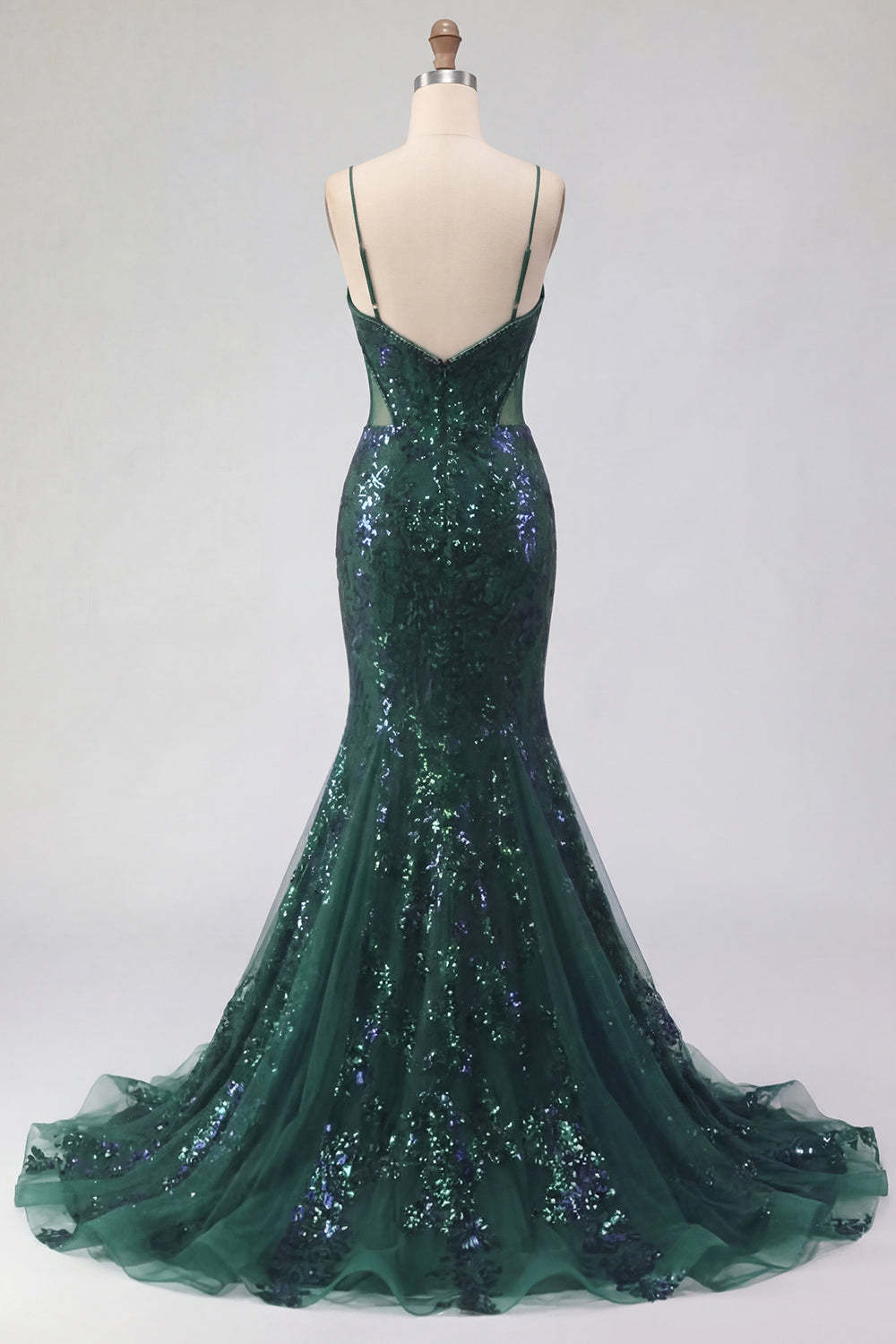 Sparkly Sequined Spaghetti Straps Mermaid Dark Green Long Prom Dress