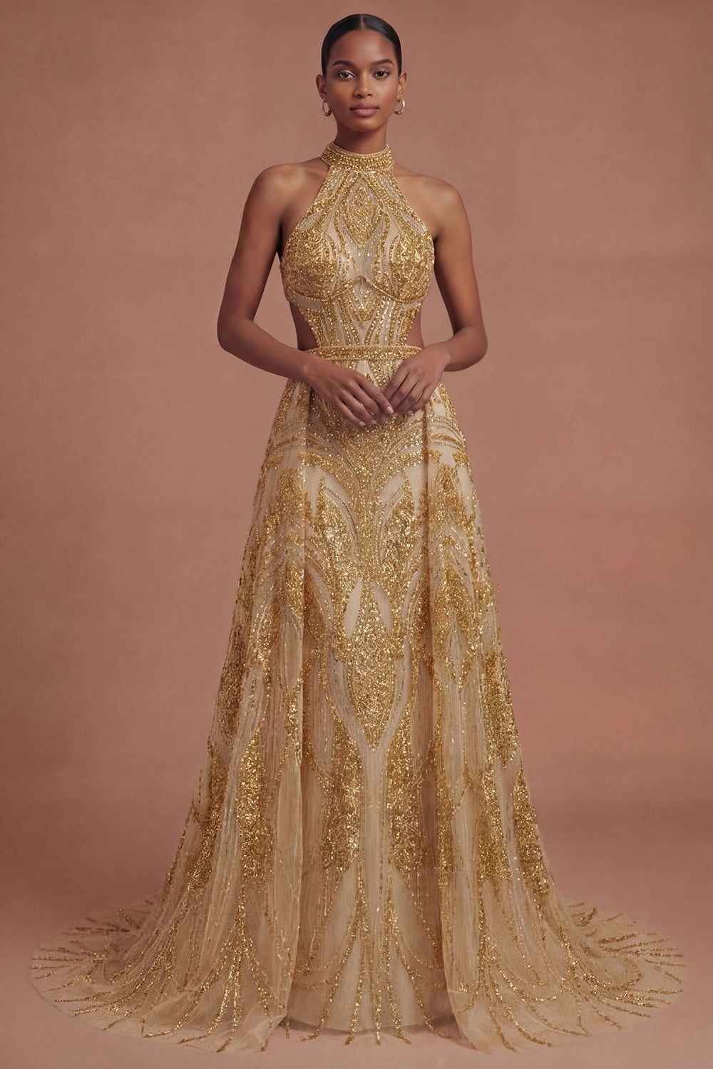 Leely Women Sparkly Golden Halter Neck A Line Long Prom Dress Backless Sleeveless Sequined Gala Dress