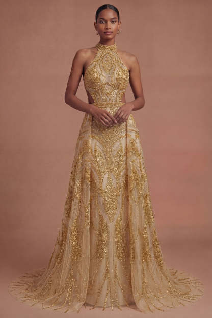 Leely Women Sparkly Golden Halter Neck A Line Long Prom Dress Backless Sleeveless Sequined Gala Dress