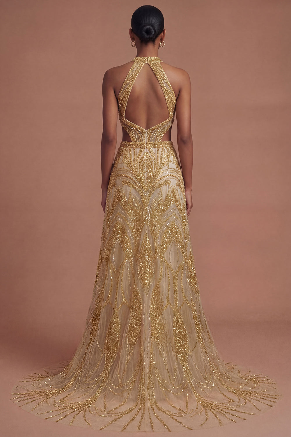 Sparkly Golden Halter Neck A Line Long Prom Dress