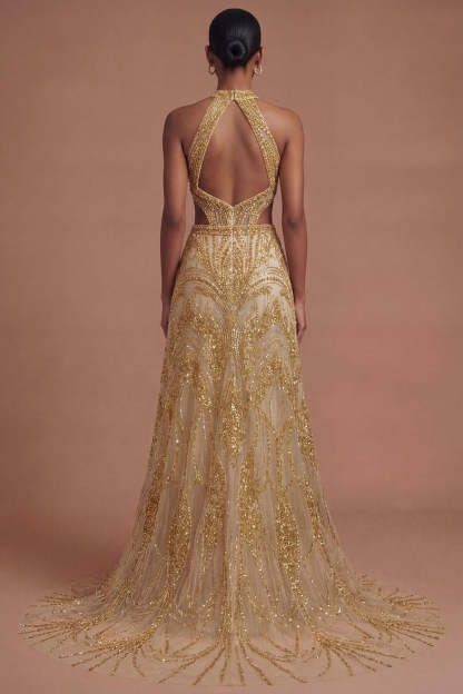 Sparkly Golden Halter Neck A Line Long Prom Dress