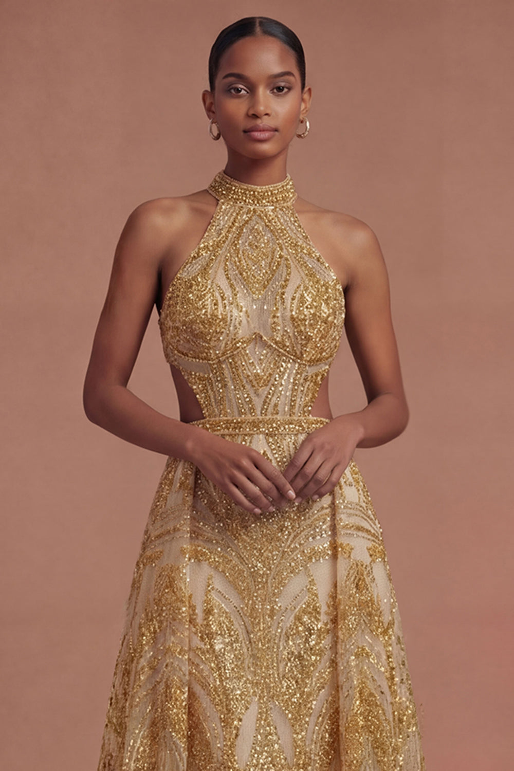 Sparkly Golden Halter Neck A Line Long Prom Dress