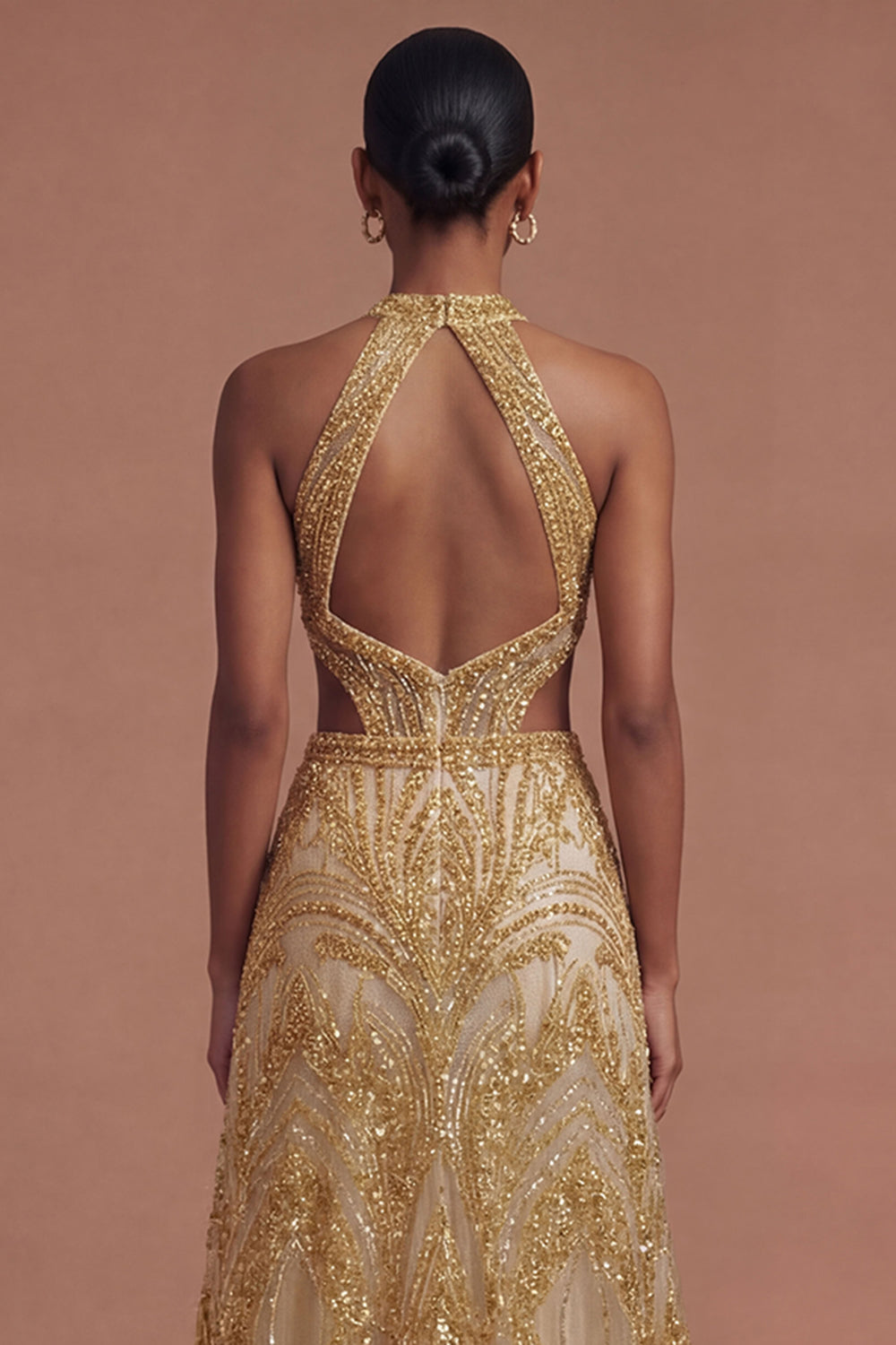 Sparkly Golden Halter Neck A Line Long Prom Dress