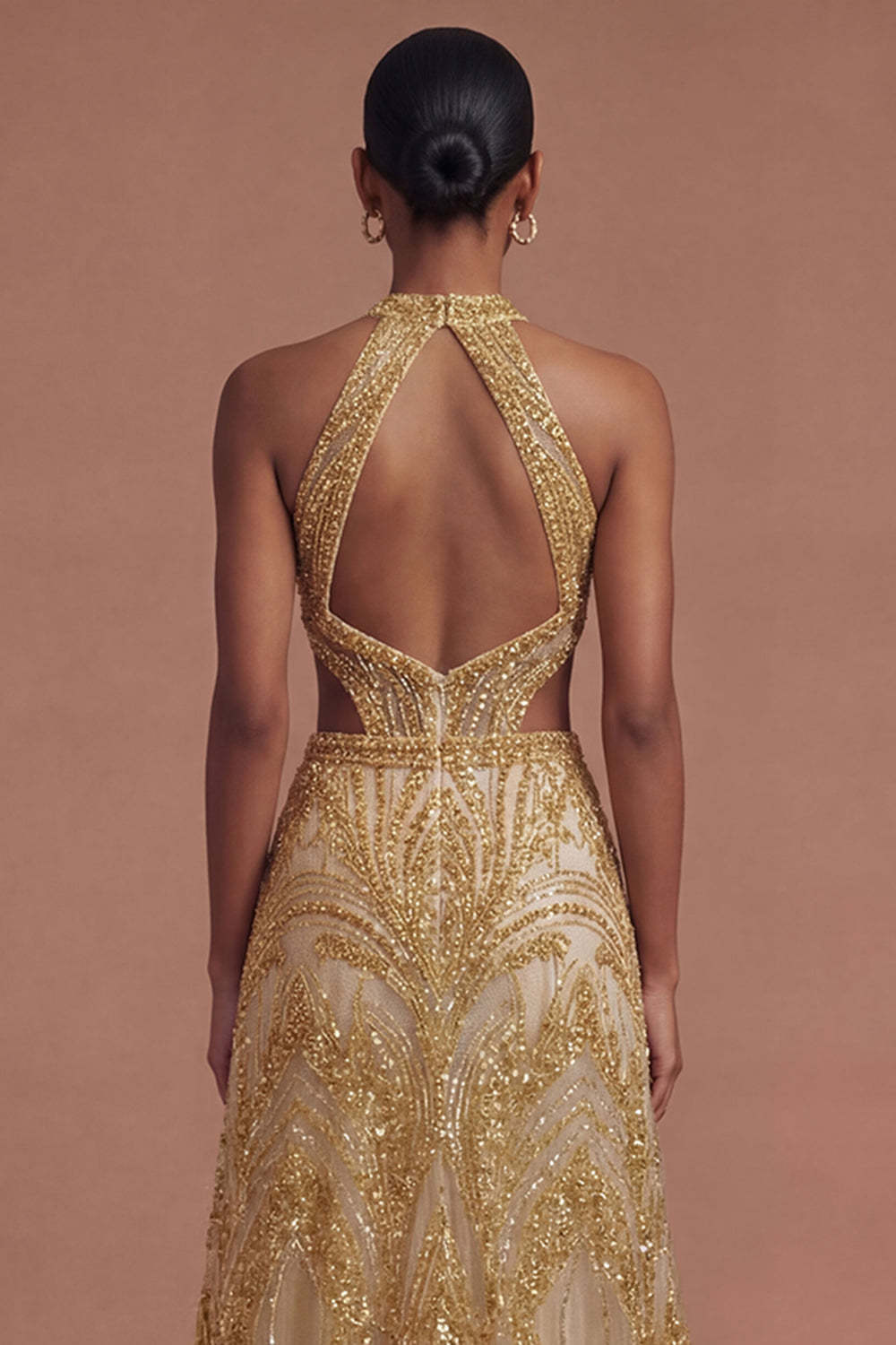 Sparkly Golden Halter Neck A Line Long Prom Dress