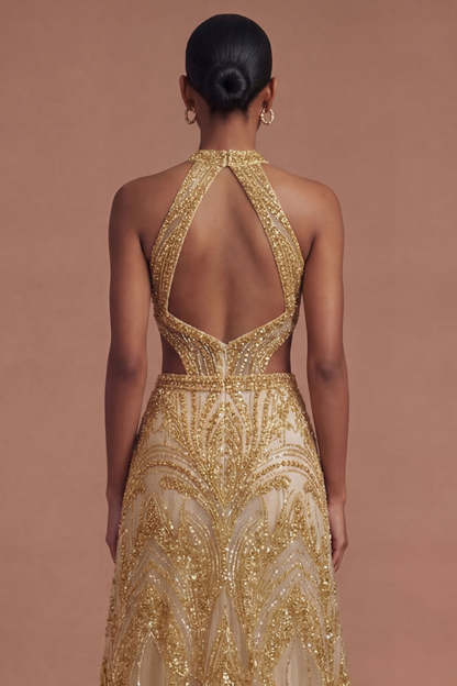 Sparkly Golden Halter Neck A Line Long Prom Dress