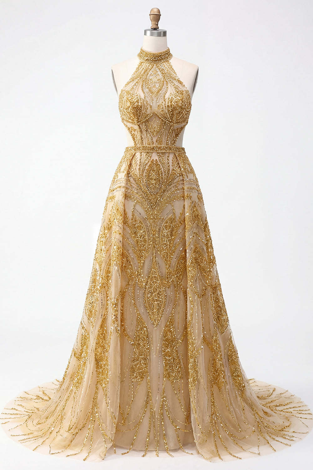 Sparkly Golden Halter Neck A Line Long Prom Dress